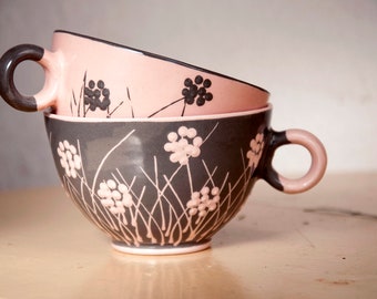 Coffee Cup, Tea Cup, Ceramic Cup, Handmade Cup, Pottery Cup, Pink and Gray, Flowers