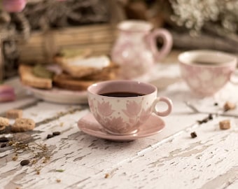 Coffee Cup, Tea Cup, Ceramic Cup, Pottery Cup, Handmade Cup, Pink and White, Tulips