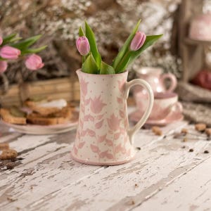 Retro Tulips Pitcher Vase, Pink and White Wabi Sabi Vase with Handle, Rustic Cylinder Pottery Vase, Hand Thrown New Homeowner Gift