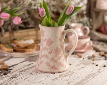 Retro Tulips Pitcher Vase, Pink and White Wabi Sabi Vase with Handle, Rustic Cylinder Pottery Vase, Hand Thrown New Homeowner Gift