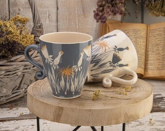 Cool Coffee & Tea Mugs, His and Hers Matching Mugs, Hand Painted Mugs with Gray and White Dandelion, Nature Milk Mugs, New Homeowner Gift