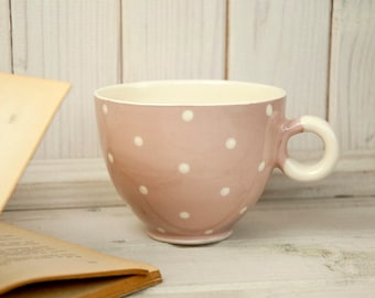Yin Yang Mug Duo – Handmade Pink & White Polka Dot Cups – Cute Pottery Gift for Girls or Teens