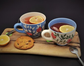 Handmade Ceramic Mug Set for Two – Blue and White Cups with Red Pomegranate Branch Accents – 11.8 oz