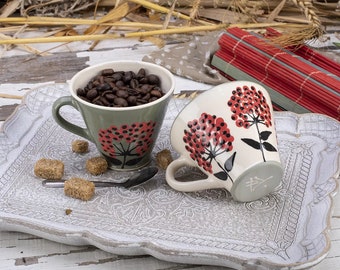 Tea Cup, Coffee Cup, Ceramic Cup, Handmade Cup, Pottery Cup, Green and White, Viburnum