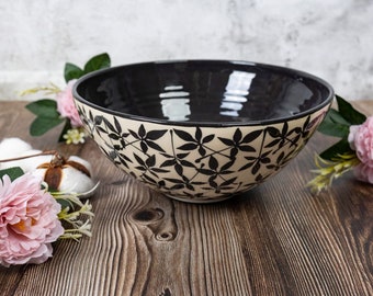 Salad Bowl, Ceramic Bowls, Handmade Bowls, Pottery Bowls, Black and White, Bamboo