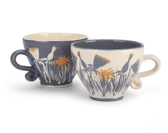 Coffee Cup, Tea Cup, Ceramic Cup, Pottery Cup, Handmade Cup, Gray and White, Dandelion