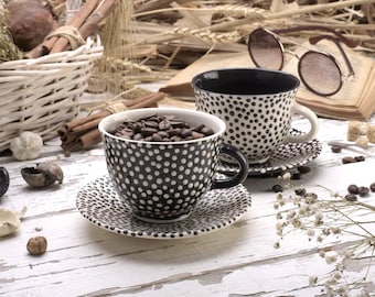 Yin Yang Mini Dot Cups – 5oz Handmade Black & White Ceramic Espresso Set