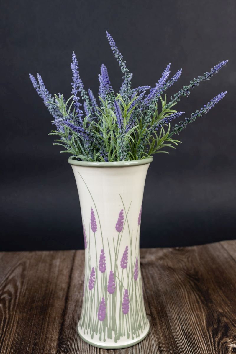 Large Lavender Vase, Ceramic Vase, Handmade Vase, Pottery Vase, Green and White, Lavender