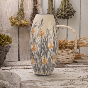 Large Ceramic Vase, Ceramic Vase, Handmade Vase, Pottery Vase, Gray and White, Summer Grass, Yellow grass