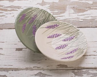 Handmade Saucers with Lavender – White and Green Ceramic Plates – Rustic Herbal Design – His and Hers Tea Set