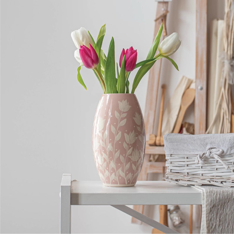 Tulip Vase, Ceramic Vase, Handmade Vase, Pottery Vase, Pink and White, Tulips image 5