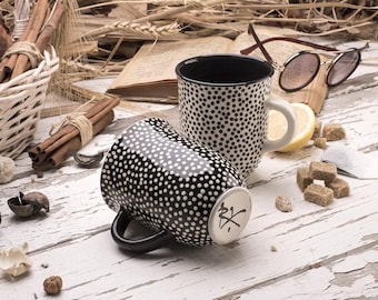 Coffee Mug, Tea Mug, Ceramic Mug, Pottery Mug, Handmade Mug, Black and White, Small Dots