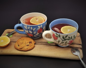 Handmade Ceramic Mug Set for Two – Blue and White Cups with Red Pomegranate Branch Accents – 11.8 oz