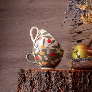 Apples Fall Mug, Green and White Hand Painted Mugs, Nature Mugs Set, Pottery Coffee and Cappuccino Cups, New Homeowner Gift