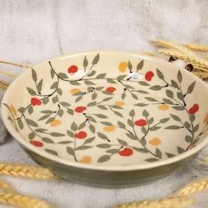 Plato de cerámica artesanal con manzanas, bandeja pintada a mano para servir, ensaladas, pasta, fruta o para usar en el horno, plato de cerámica para tartas, regalo para nuevos propietarios