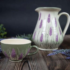 Lavender Pitcher, Ceramic Milk Pottery Pitcher, Vintage Cottage Core Flower Jug, Farmhouse Pottery, Unique Flower Vase, New Homeowner Gift image 4