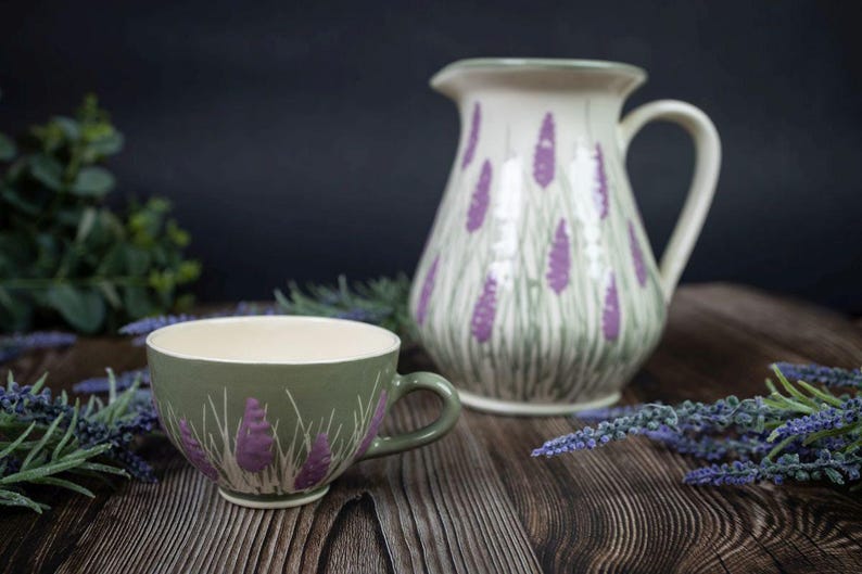 Lavender Pitcher, Ceramic Milk Pottery Pitcher, Vintage Cottage Core Flower Jug, Farmhouse Pottery, Unique Flower Vase, New Homeowner Gift image 4