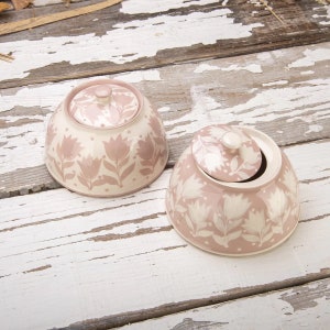 Sugar Bowl, Handmade Container, Ceramic Container, Pottery Container, Coffee and Tea Accessories, Pink and White, Tulips