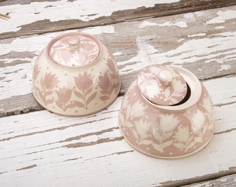 Sugar Bowl, Handmade Container, Ceramic Container, Pottery Container, Coffee and Tea Accessories, Pink and White, Tulips