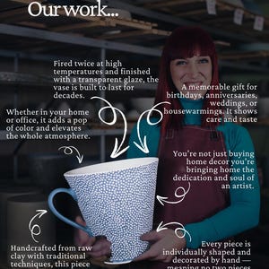 a woman holding a large, uniquely patterned mug, with text describing the mug's features and the woman's role in its creation.