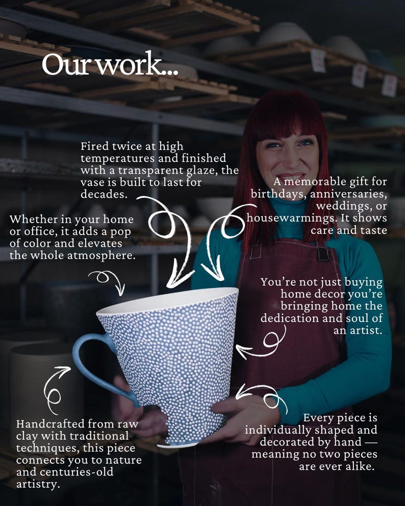 a woman holding a large, uniquely patterned mug, with text describing the mug's features and the woman's role in its creation.