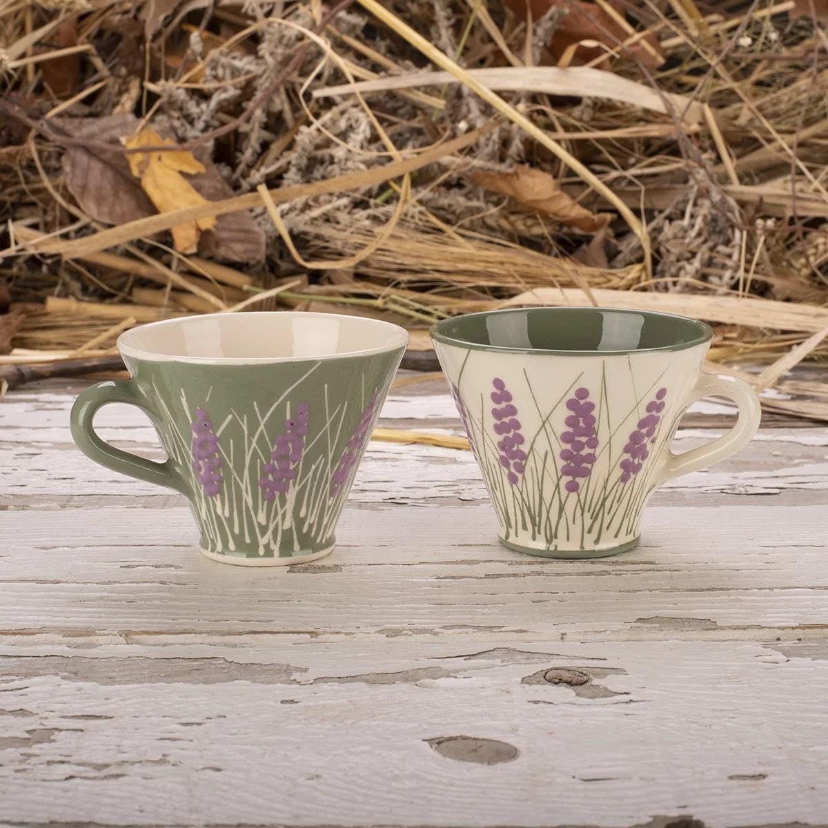 Lavender Pottery Mug Set | Handпainted Ceramic Cups in Green and White | Couple Gift | His and Hers Matching Mugs