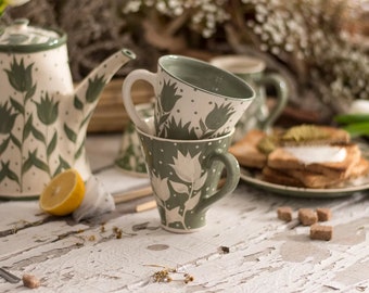 Tea Mug, Coffee Mug, Ceramic Mug, Pottery Mug, Handmade Mug, Green and White, Tulips