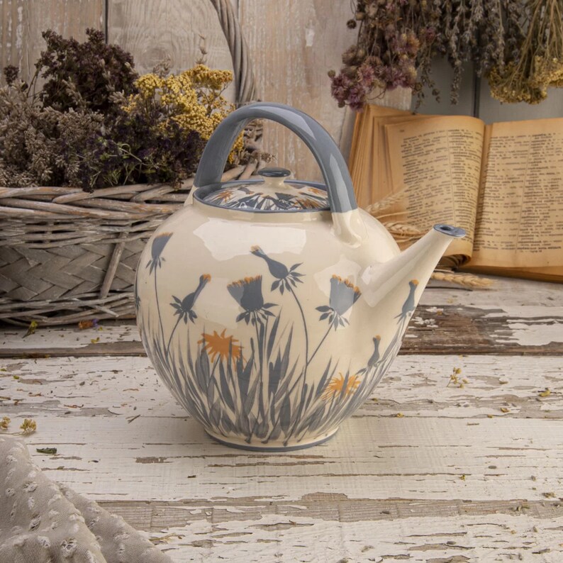 Teapot, Ceramic Teapot, Handmade Teapot, Pottery Teapot, Gray and White, Dandelion White Outside