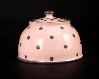 Sugar Bowl, Handmade Container, Ceramic Container, Pottery Container, , Pink and Gray, Large Dots