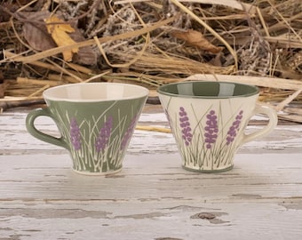 Tea Cup, Coffee Cup, Ceramic Cup, Handmade Cup, Pottery Cup, Green and White, Lavender