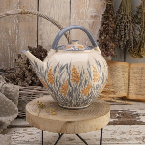 Teapot, Ceramic Teapot, Handmade Teapot, Pottery Teapot, Gray and White, Summer Grass, Gift for mam