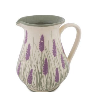 Lavender Pitcher, Ceramic Milk Pottery Pitcher, Vintage Cottage Core Flower Jug, Farmhouse Pottery, Unique Flower Vase, New Homeowner Gift White Outside