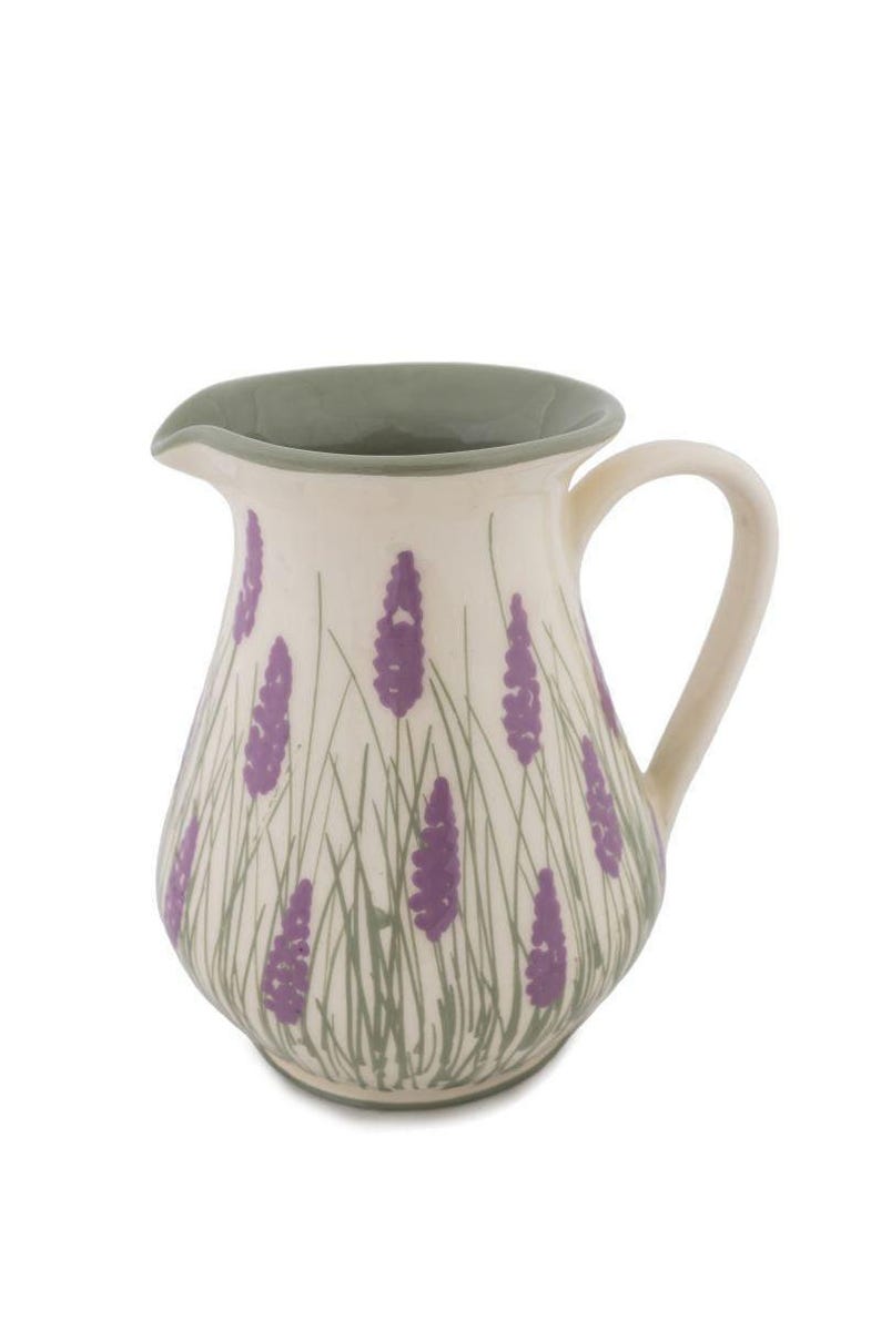 Lavender Pitcher, Ceramic Milk Pottery Pitcher, Vintage Cottage Core Flower Jug, Farmhouse Pottery, Unique Flower Vase, New Homeowner Gift White Outside