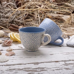 Kaffeebecher, Teebecher, Keramikbecher, Handgemachter Becher, Keramikbecher, Blau und Weiß, Kleine Punkte