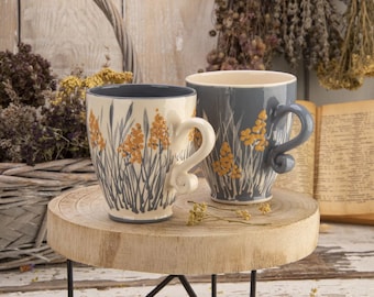 Tea Mug, Coffee Mug, Ceramic Mug, Handmade Mug, Pottery Mug, Gray and White, Summer Grass