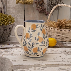 Ceramic Pitcher, Pottery Pitcher, Flower Jug, Table Vase, Gray and White, Lemons
