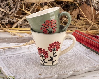 Tea Mug, Coffee Mug, Ceramic Mug, Pottery Mug, Cup, Handmade Mug, Green and White, Viburnum