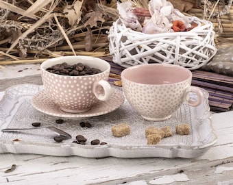 Coffee Cup, Tea Cup, Ceramic Cup, Pottery Cup, Handmade Cup, Pink and White, Small Dots
