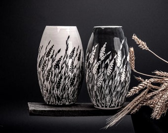 Wheat Vase, Ceramic Vase, Handmade Vase, Pottery Vase, Black and White, Wheat