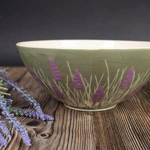 Salad Bowl, Ceramic Bowl, Handmade Bowl, Pottery Bowl, Green and White, Lavender