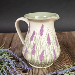 Lavender Pitcher, Ceramic Milk Pottery Pitcher, Vintage Cottage Core Flower Jug, Farmhouse Pottery, Unique Flower Vase, New Homeowner Gift image 1