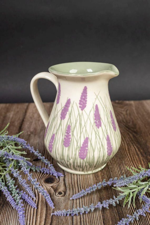 Lavender Pitcher, Ceramic Milk Pottery Pitcher, Vintage Cottage Core Flower Jug, Farmhouse Pottery, Unique Flower Vase, New Homeowner Gift