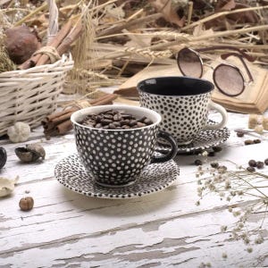 Polka Dot Cute Couple Mugs, Black & White Ceramic Espresso Set, Matching Modern Ceramic Mugs, Couples Coffee Mugs, New Homeowner Gift