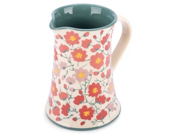 Pitcher, Ceramic Pitcher, Pottery Pitcher, Flower Jug, Table Vase, Тurquoise and White, Cosmos Flower