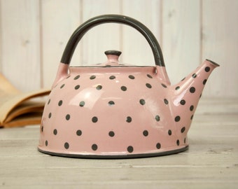 Teapot, Ceramic Teapot, Handmade Teapot, Pottery Teapot, Pink and Gray, Large Dots