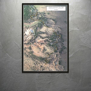 May include: A map of the Continental Divide Trail, a 3,100-mile hiking trail that runs from Glacier National Park in Montana to the southern tip of Mexico. The map shows the trail's route through the Rocky Mountains, as well as major landmarks and points of interest.