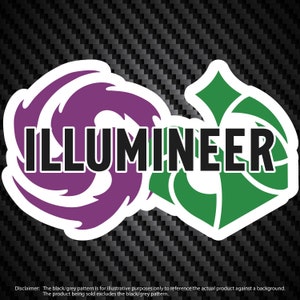 Op de afbeelding: Een sticker met een paars en groen swirl-ontwerp. Het woord "ILLUMINEER" staat in zwarte letters over het midden van de sticker.