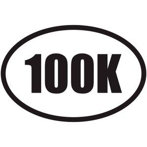 May include: A white oval sticker with a thick black border. Bold black text in the center reads "100K". The design is simple and graphic, suitable for various applications.