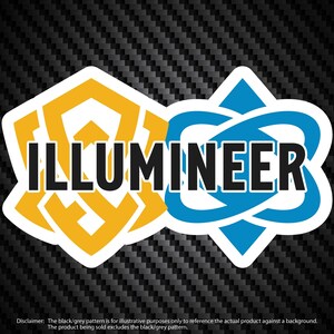 May include: A sticker with a yellow and blue design. The sticker features a geometric shape with the word "ILLUMINEER" in black text.