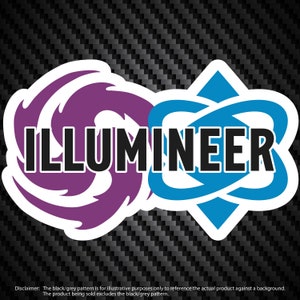 Op de afbeelding: Een sticker met een paarse swirl-ontwerp en een blauw geometrisch ontwerp. Het woord "ILLUMINEER" staat in zwarte letters over het midden van de sticker.